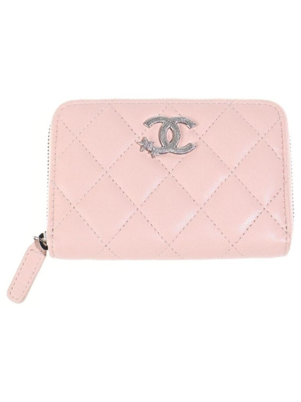 Chanel Quilted CC Logo Star Coin Purse Mini Wallet Pink Lambskin Silver